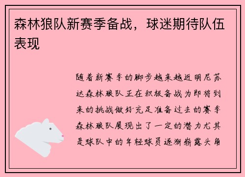 森林狼队新赛季备战，球迷期待队伍表现